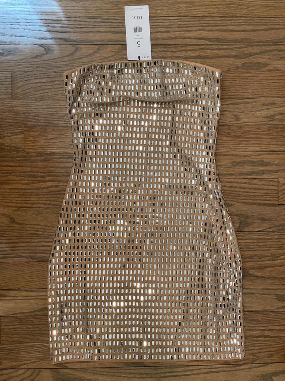 Akira Strapless Rhinestone Sequined Mini Dress in Nude S
